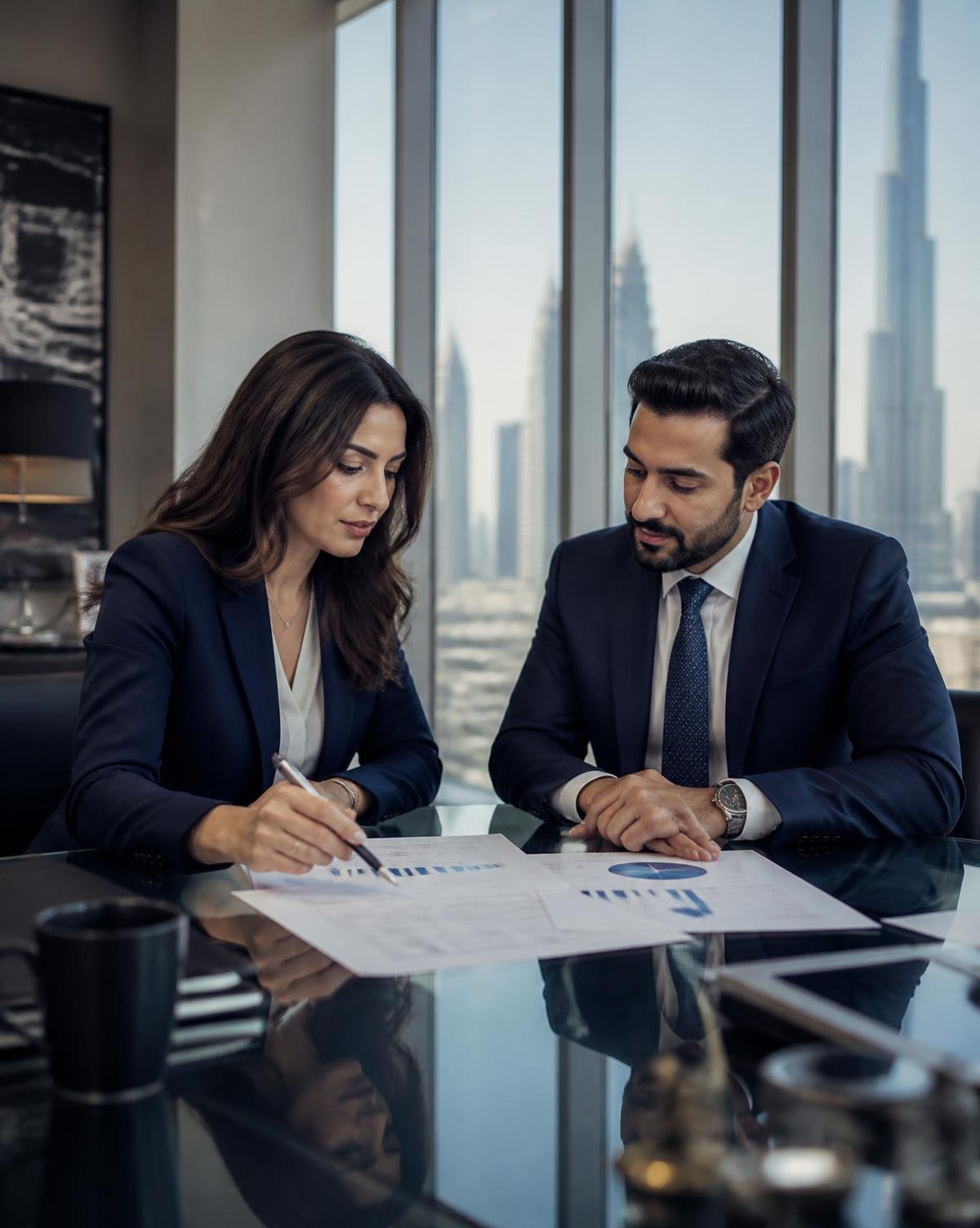 Two SV Partners advisors reviewing financial statements in a Dubai office